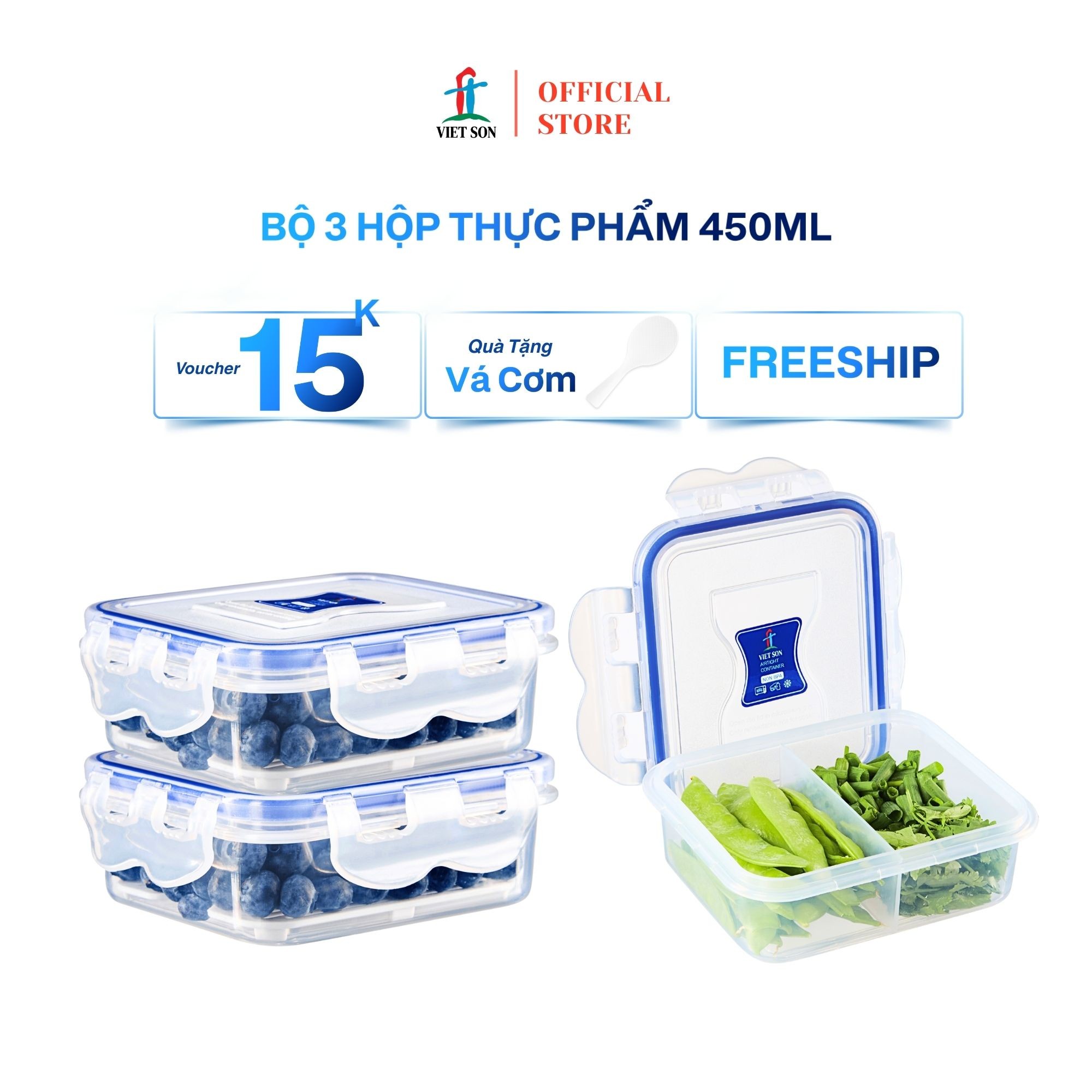 Bộ 3 Hộp Đựng Thực Phẩm Có Vách Ngăn Việt Son 450ml Nắp Khóa 4 Cạnh Kín Hơi